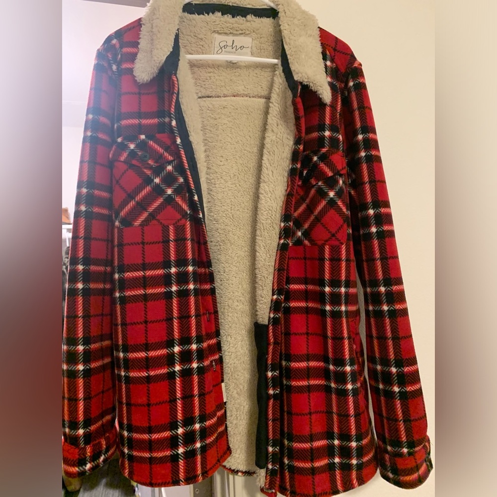 Soho Threads Red Sherpa Lined Flannel Shacket Xxl - image 4